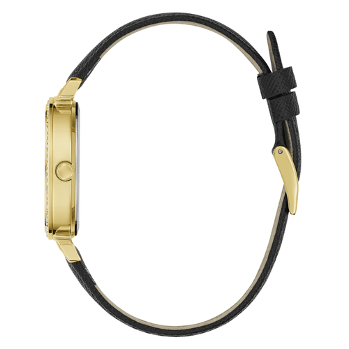 Guess Bejeweled Enchantment Bejeweled Gold-Tone Black Leather Women's Watch GW0764L2 Watches Bevilles Jewellers 