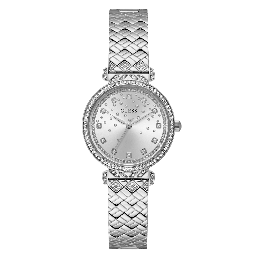 Guess Bejeweled Enchantment Bejeweled Silver-Tone Analogue Women's Watch GW0763L1 Watches Bevilles Jewellers 