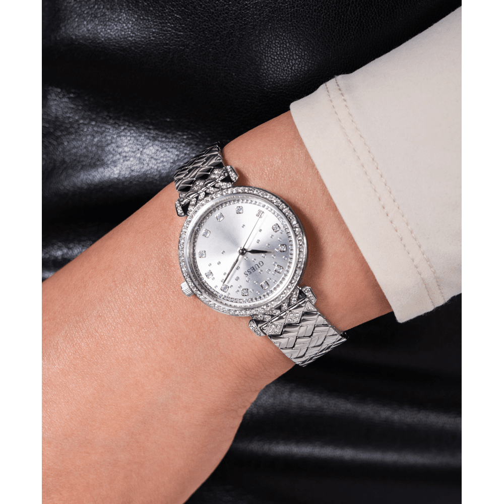 Guess Bejeweled Enchantment Bejeweled Silver-Tone Analogue Women's Watch GW0763L1 Watches Bevilles Jewellers 