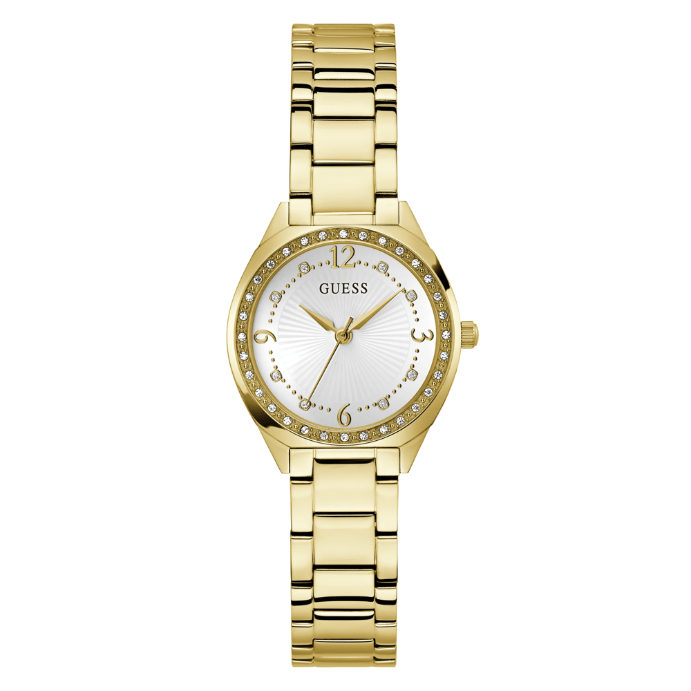 Guess Dress Charlotte Dress Gold-Tone Crystal Bezel Women's Watch GW0767L2 Watches Bevilles Jewellers 