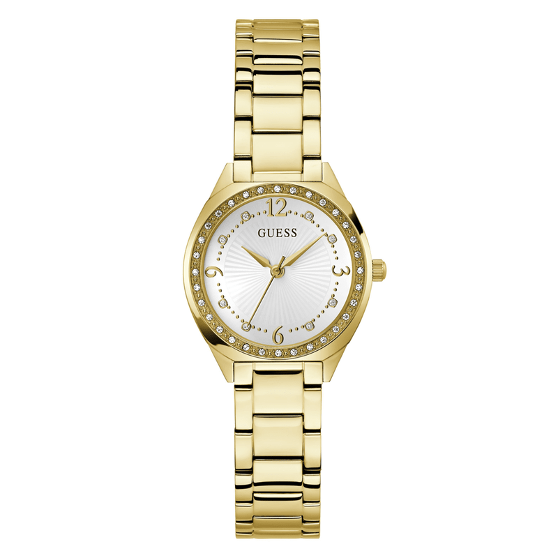 Guess Dress Charlotte Dress Gold-Tone Crystal Bezel Women's Watch GW0767L2 Watches Bevilles Jewellers 