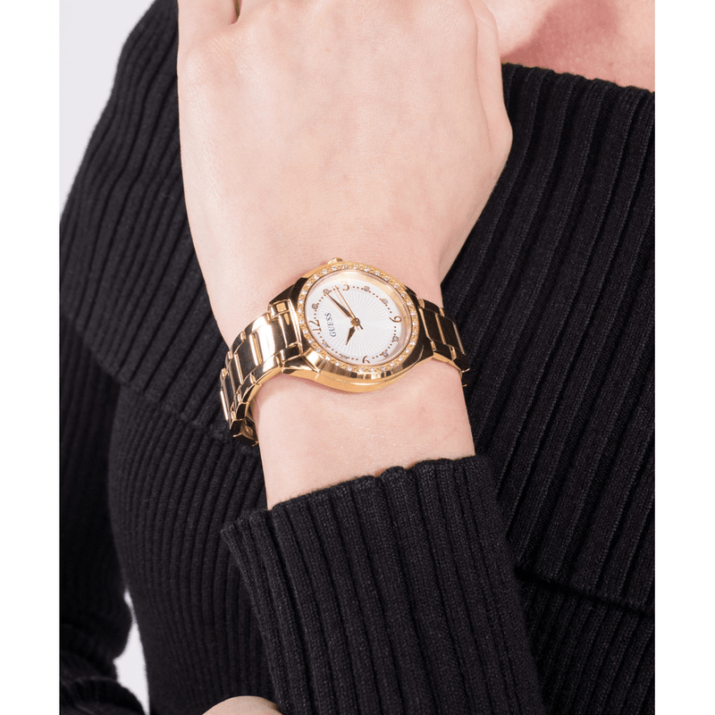 Guess Dress Charlotte Dress Gold-Tone Crystal Bezel Women's Watch GW0767L2 Watches Bevilles Jewellers 