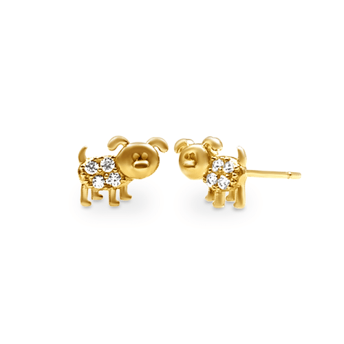 Puppy Stud Earrings with Cubic Zirconia in 9ct Yellow Gold Bevilles Jewellers 