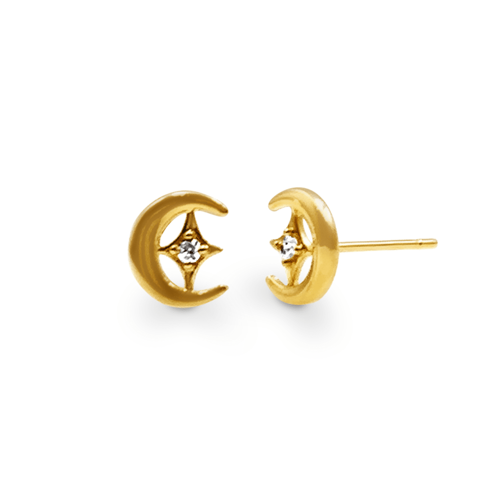 Mini Moon and Star Stud Earrings with Cubic Zirconia in 9kt Yellow
