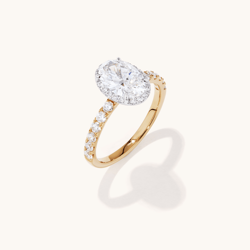Hidden Halo Oval Solitaire Shoulder Ring with 2.00tw of Laboratory-Grown Diamonds in 18kt Yellow and White Gold Rings Bevilles 