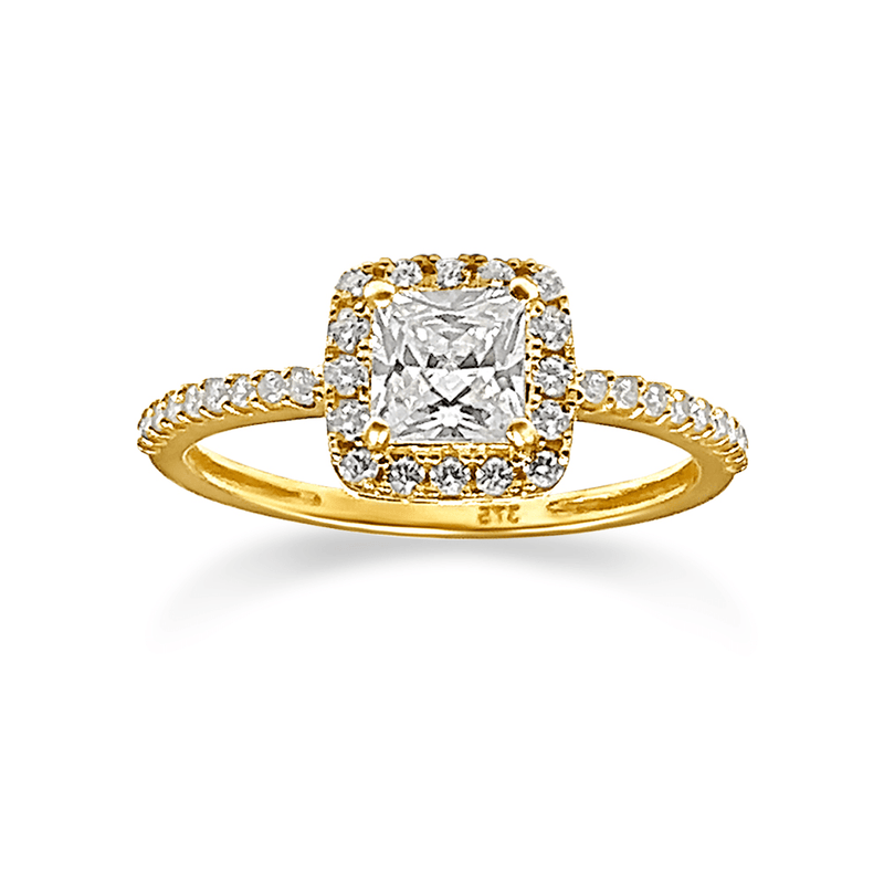 Square Set Surround Ring with Cubic Zirconia in 9ct Yellow Gold Bevilles Jewellers 