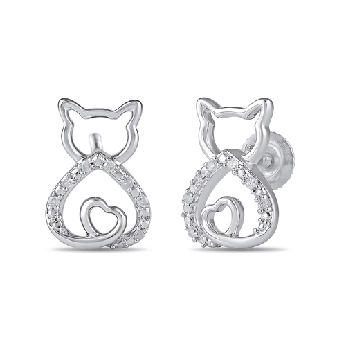 Diamond Set Cat Stud Earrings in Sterling Silver Bevilles Jewellers 