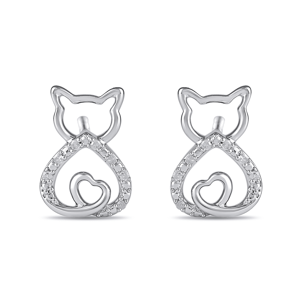 Diamond Set Cat Stud Earrings in Sterling Silver Bevilles Jewellers 