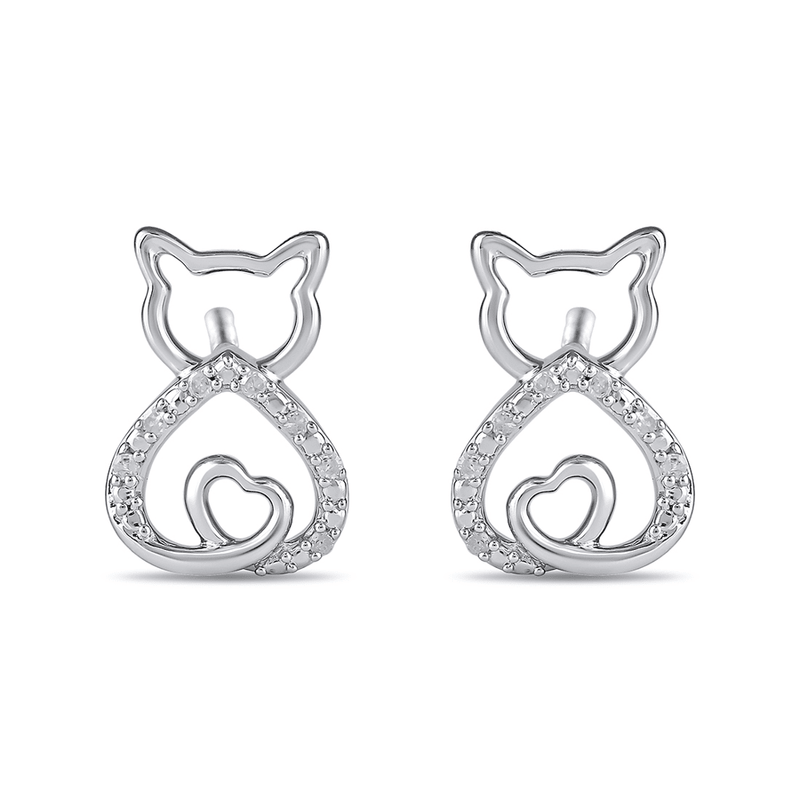 Diamond Set Cat Stud Earrings in Sterling Silver Bevilles Jewellers 