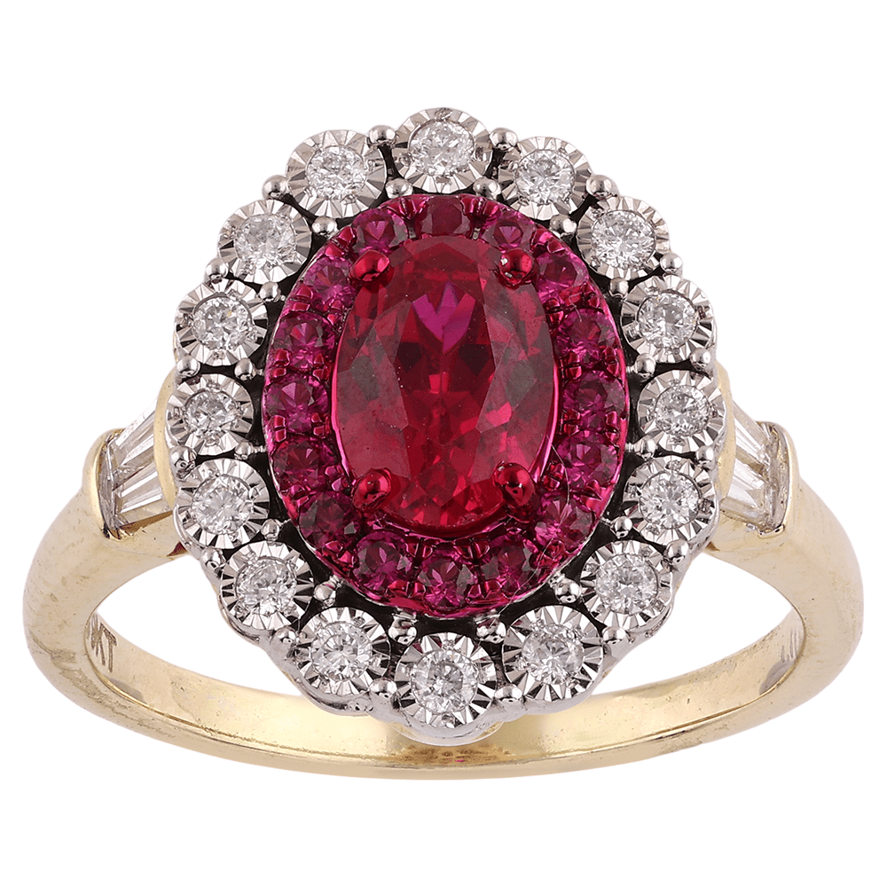 Created Ruby Ring with 1/3ct of Diamonds in 9ct Yellow Gold Bevilles Jewellers 