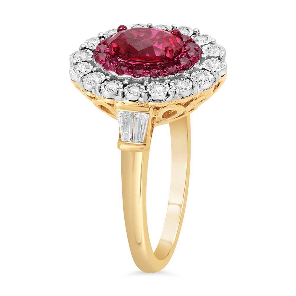 Created Ruby Ring with 1/3ct of Diamonds in 9ct Yellow Gold Bevilles Jewellers 