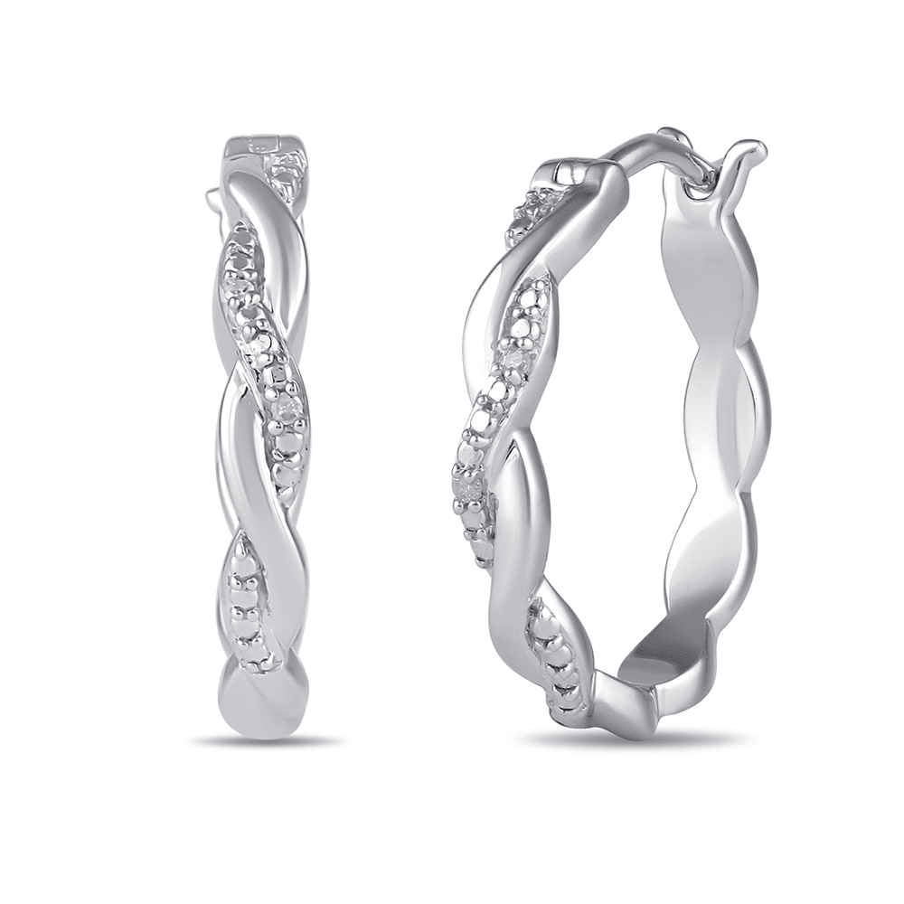 Diamond Set Plait Hoop Earrings in Sterling Silver Bevilles Jewellers 