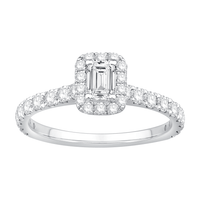 Emerald Cut Halo Ring with 1.10ct of Laboratory Grown Diamonds in 9ct White Gold Bevilles Jewellers 
