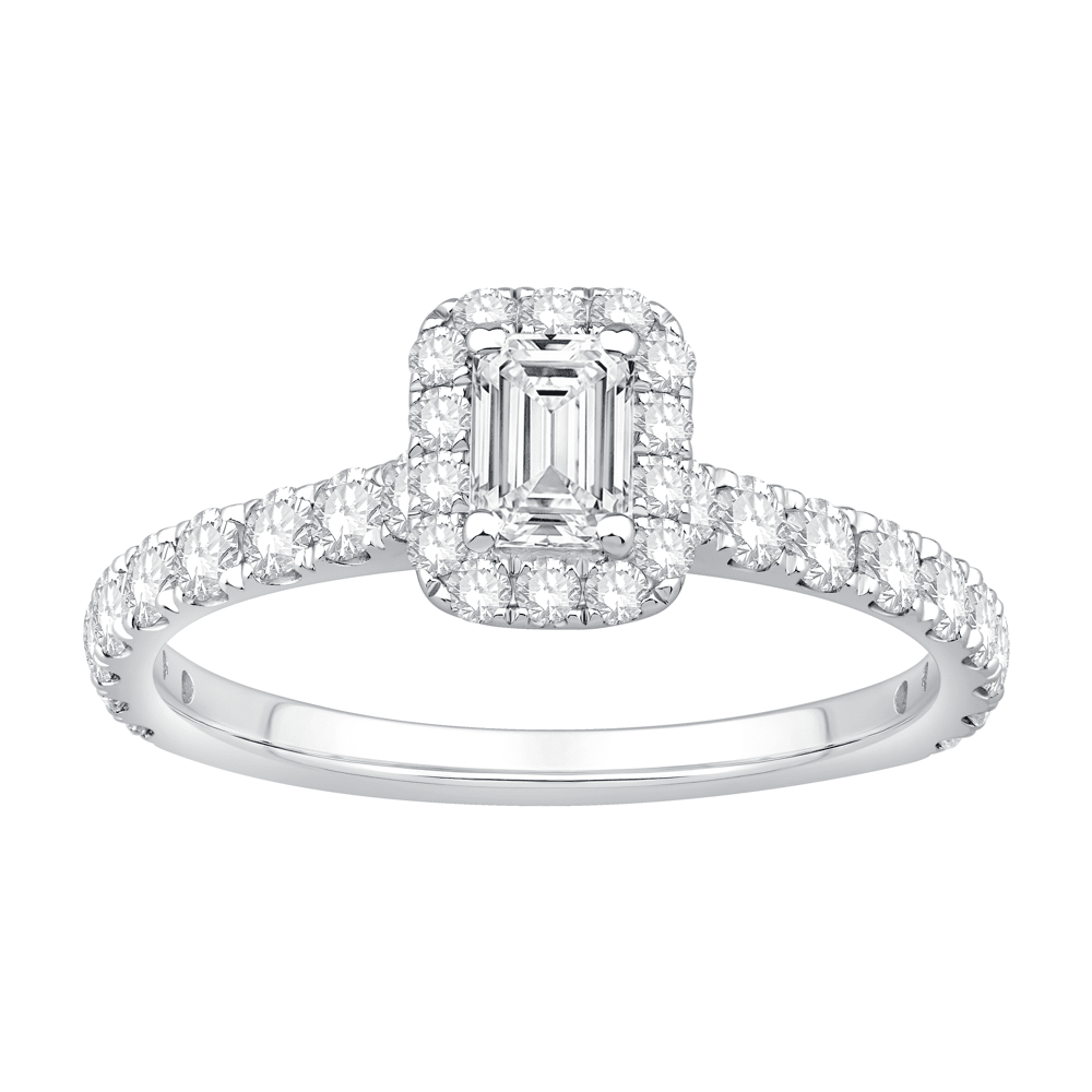 Emerald Cut Halo Ring with 1.10ct of Laboratory Grown Diamonds in 9ct White Gold Bevilles Jewellers 