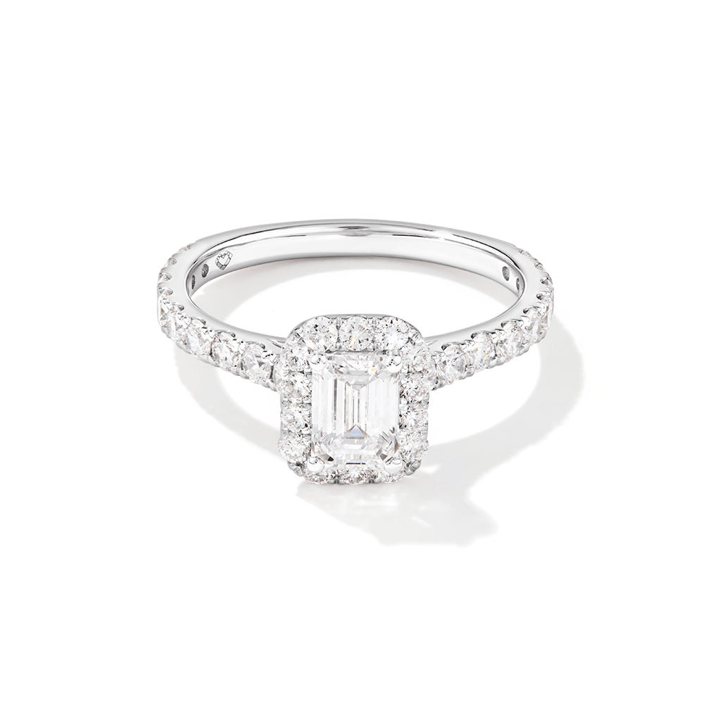 Emerald Cut Halo Ring with 1.50tw of Laboratory-Grown Diamonds in 9kt White Gold Rings Bevilles 