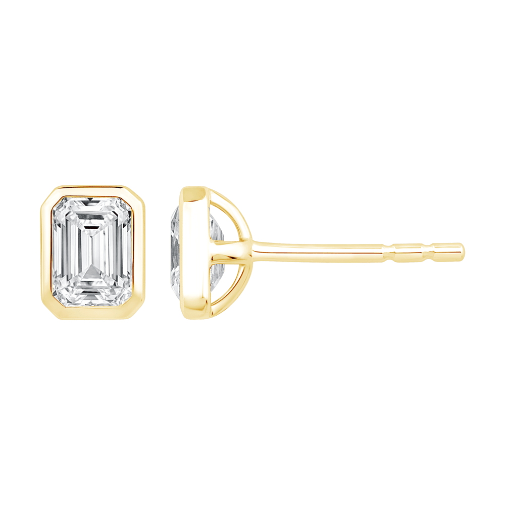 Emerald Cut Solitaire Stud Earrings with 1.00ct of Laboratory Grown Diamonds in 9ct Yellow Gold Bevilles Jewellers 