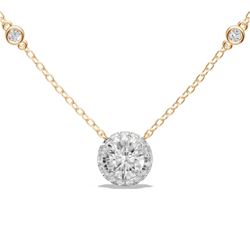 Halo Station Necklace with 1.00ct of Laboratory Grown Diamonds in 9ct Yellow Gold Bevilles Jewellers 