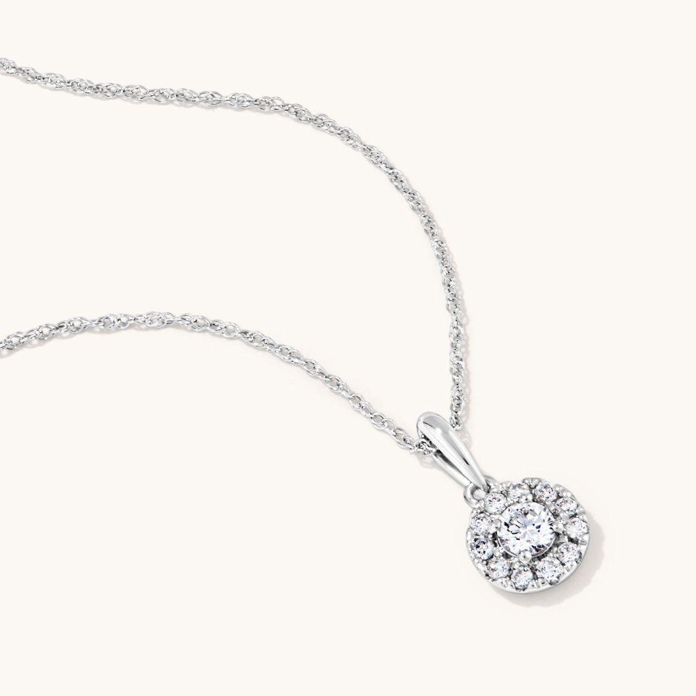 45cm Halo Solitaire Pendant Necklace with 0.25tw of Laboratory-Grown Diamonds in Sterling Silver and Platinum Pendants Bevilles 