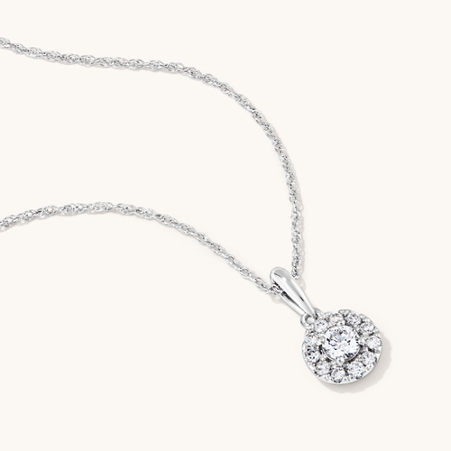 45cm Halo Solitaire Pendant Necklace with 0.25tw of Laboratory-Grown Diamonds in Sterling Silver and Platinum Pendants Bevilles 
