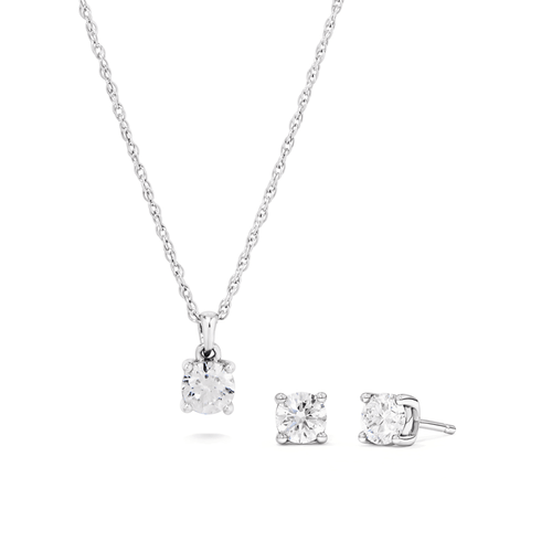 Solitaire Earring and Necklace Set with 1.00tw of Laboratory-Grown Diamonds in Sterling Silver and Platinum Bevilles 