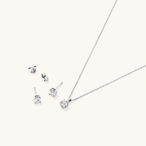 Solitaire Earring and Necklace Set with 1.00tw of Laboratory-Grown Diamonds in Sterling Silver and Platinum Bevilles 