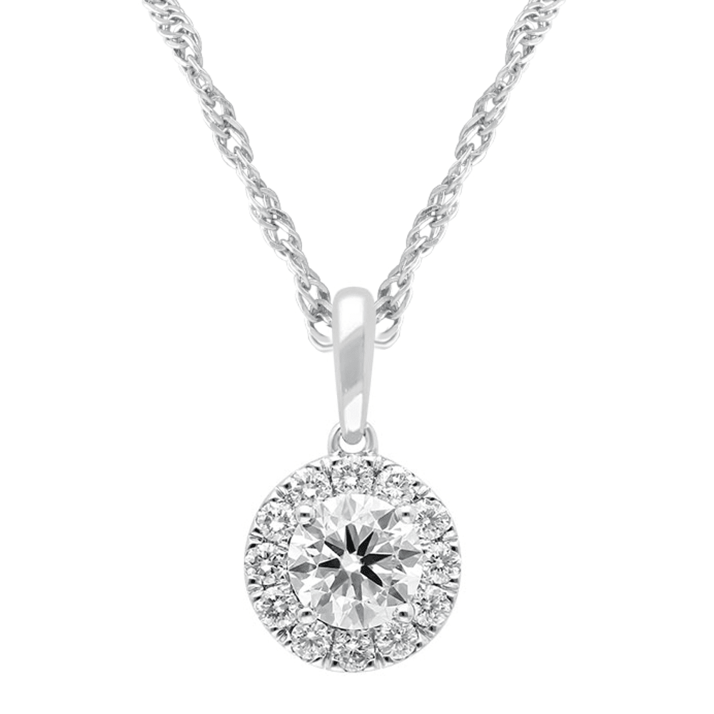 Solitaire Halo Necklace with 1.00ct of Laboratory Grown Diamonds in Sterling Silver and Platinum Bevilles Jewellers 