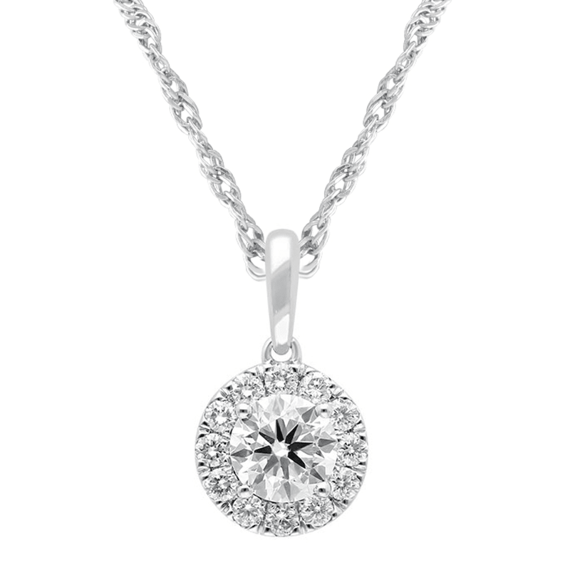 Solitaire Halo Necklace with 1.00ct of Laboratory Grown Diamonds in Sterling Silver and Platinum Bevilles Jewellers 