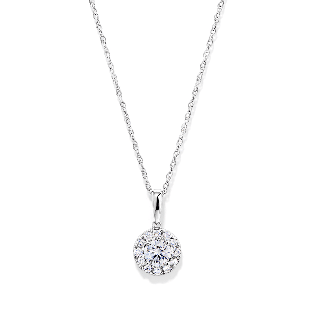 45cm Halo Solitaire Necklace with 0.50tw of Laboratory-Grown Diamonds in Sterling Silver and Platinum Pendants Bevilles 