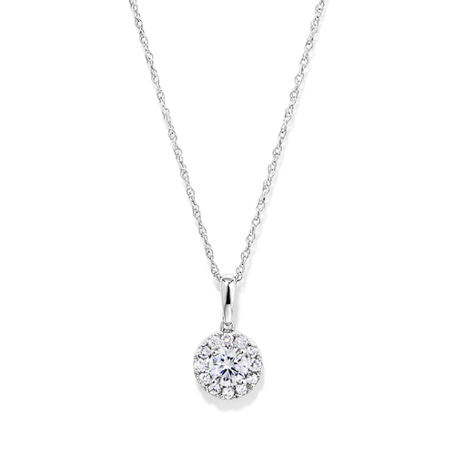 45cm Halo Solitaire Necklace with 0.50tw of Laboratory-Grown Diamonds in Sterling Silver and Platinum Pendants Bevilles 