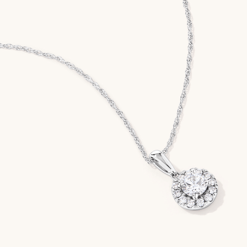45cm Halo Solitaire Necklace with 0.50tw of Laboratory-Grown Diamonds in Sterling Silver and Platinum Pendants Bevilles 