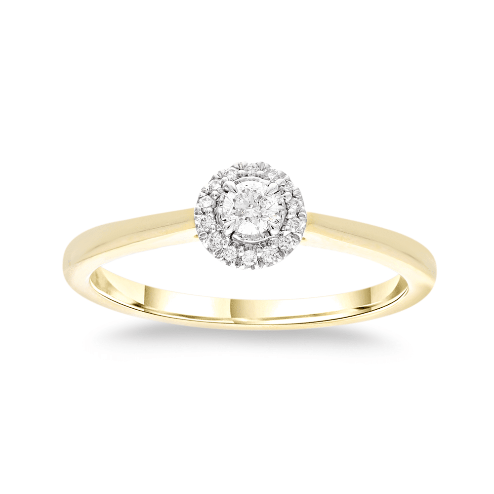 Halo Ring with 0.10ct of Diamonds in 9ct Yellow Gold Bevilles Jewellers 
