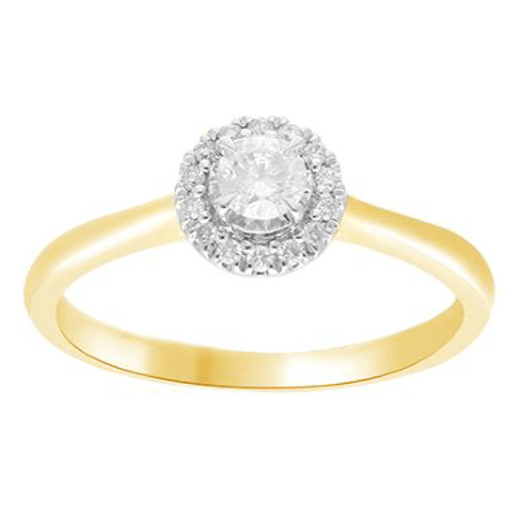 Solitaire Halo Ring with 1/4ct of Diamonds in 9ct Yellow Gold Bevilles Jewellers 