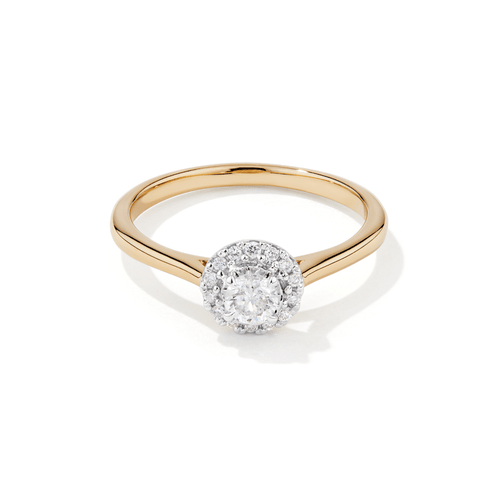 Solitaire Halo Ring with 0.25tw of Diamonds in 9kt Yellow Gold Rings Bevilles 