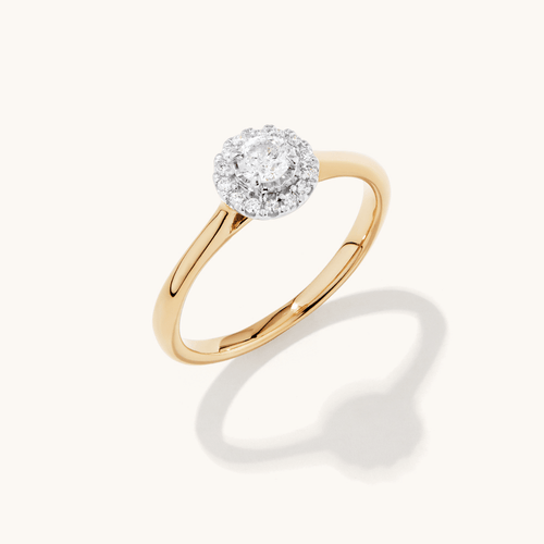 Solitaire Halo Ring with 0.25tw of Diamonds in 9kt Yellow Gold Rings Bevilles 
