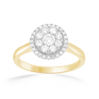 Halo Ring with 1/2ct of Diamonds in 9ct Yellow Gold Bevilles Jewellers 