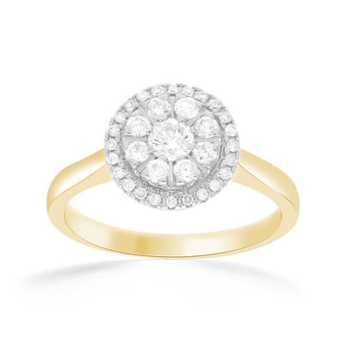 Halo Ring with 1/2ct of Diamonds in 9ct Yellow Gold Bevilles Jewellers 