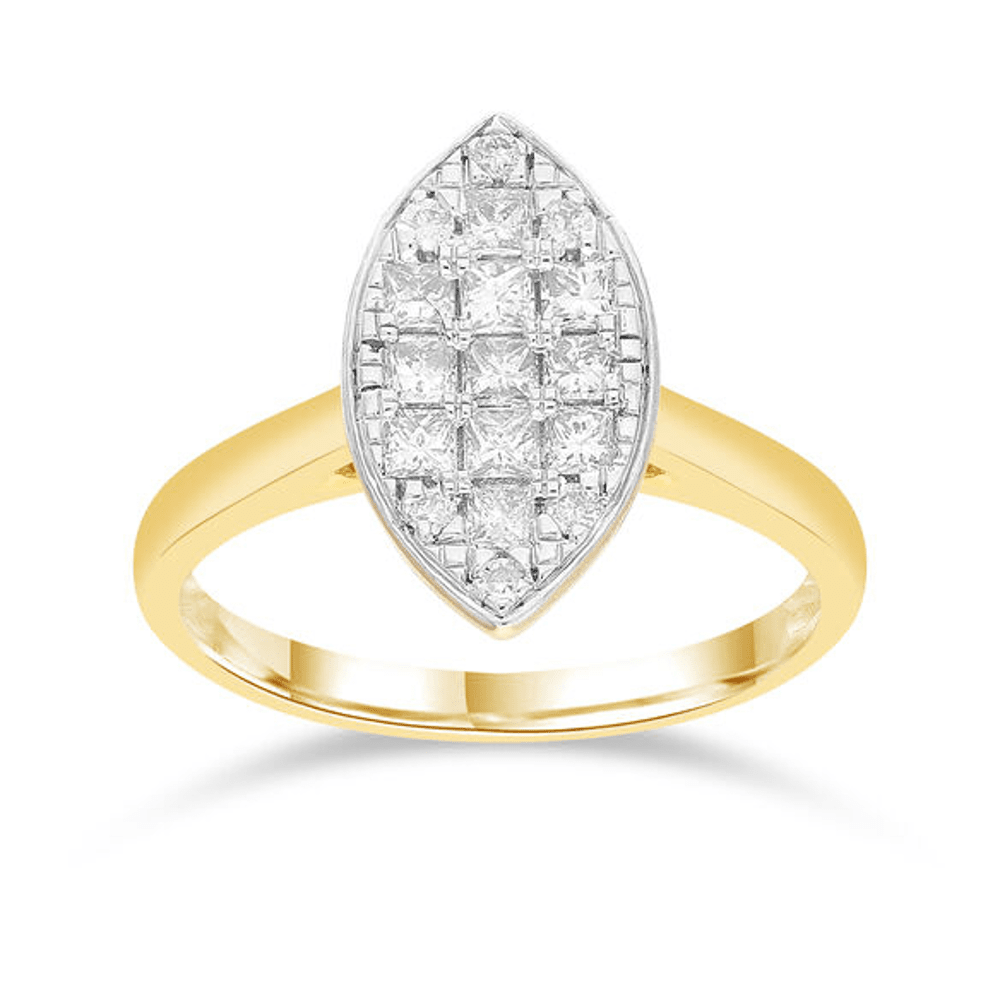 Marquise Shape Ring with 1/2ct of Diamonds in 9ct Yellow Gold Bevilles Jewellers 