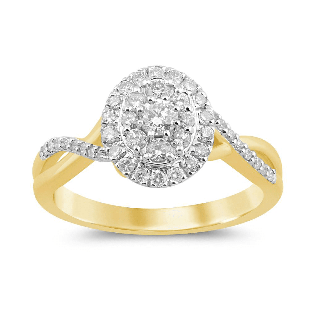Double Oval Halo Ring with 1/2ct of Diamonds in 9ct Yellow Gold Bevilles Jewellers 