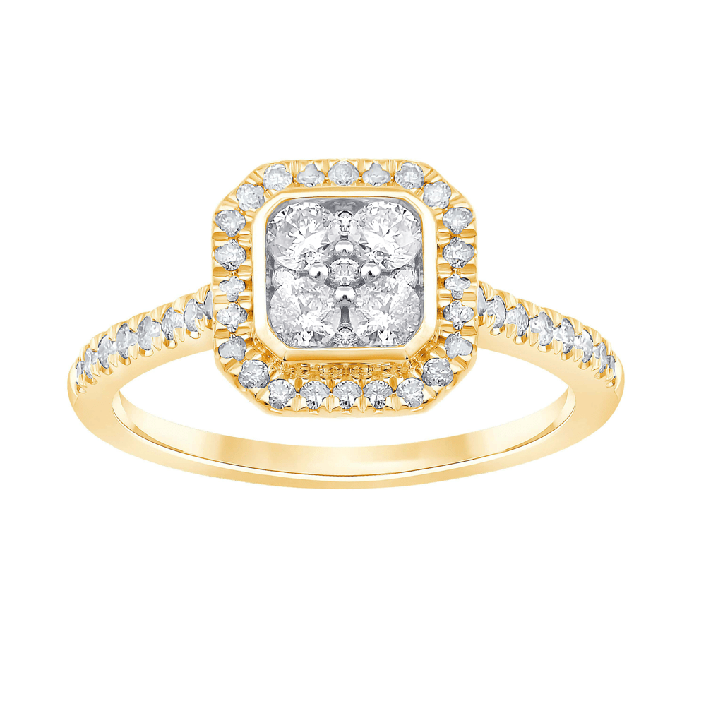 Cushion Halo Ring with 1/2ct of Diamonds in 9ct Yellow Gold Rings Bevilles 