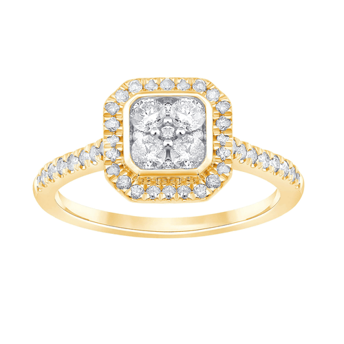 Cushion Halo Ring with 1/2ct of Diamonds in 9ct Yellow Gold Rings Bevilles 