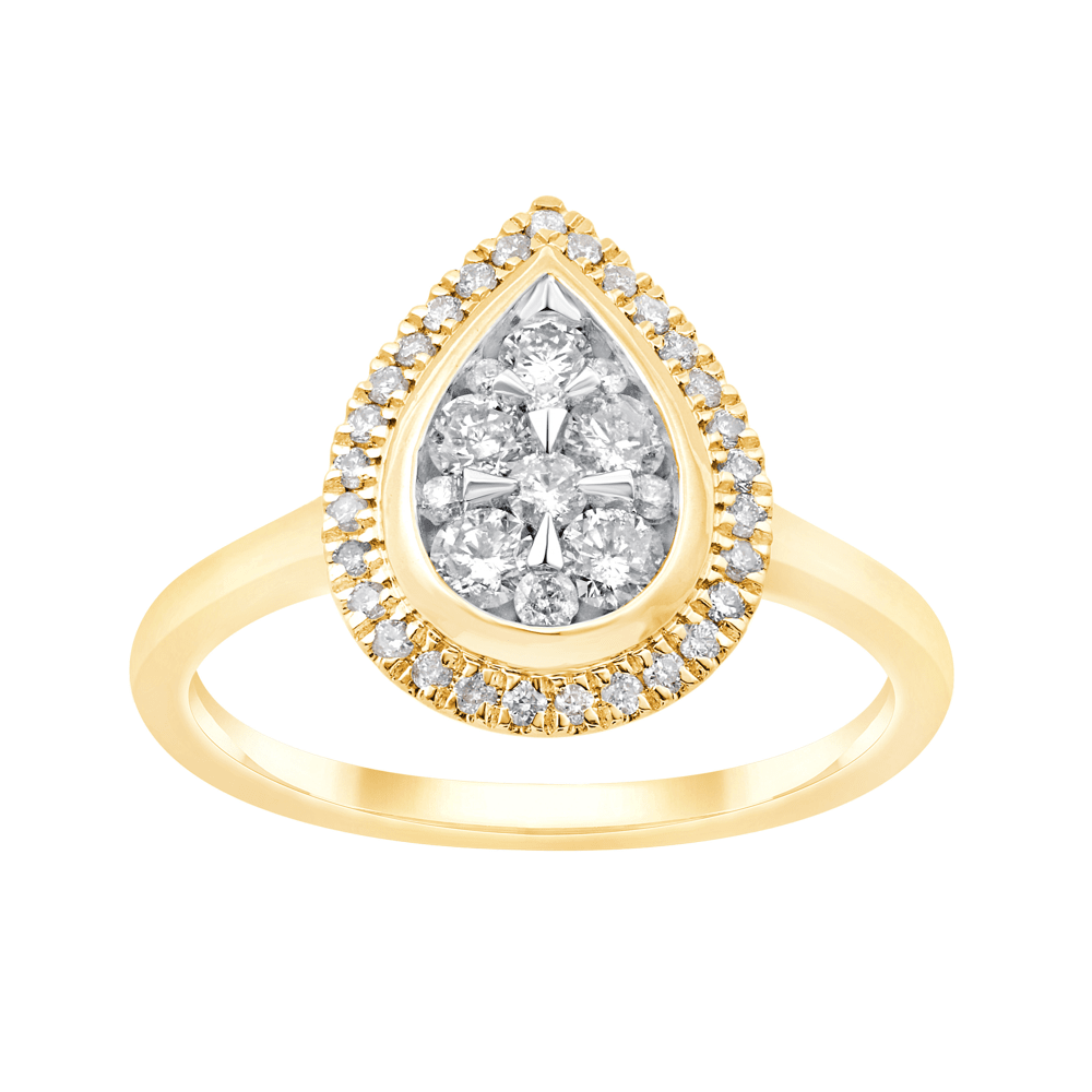 Pear Halo Ring with 1/2ct of Diamonds in 9ct Yellow Gold Bevilles Jewellers 