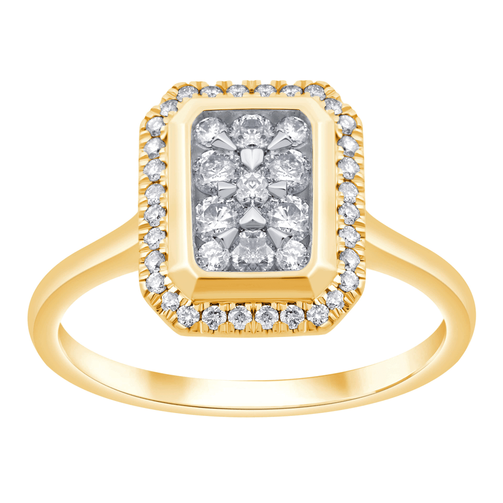 Emerald Halo Ring with 1/2ct of Diamonds in 9ct Yellow Gold Bevilles Jewellers 