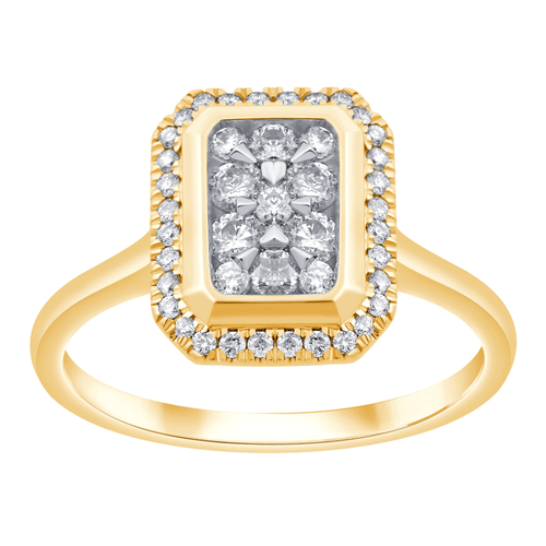 Emerald Halo Ring with 1/2ct of Diamonds in 9ct Yellow Gold Bevilles Jewellers 