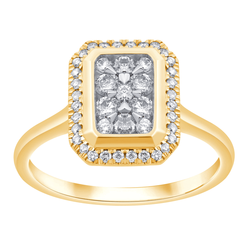 Emerald Halo Ring with 1/2ct of Diamonds in 9ct Yellow Gold Bevilles Jewellers 