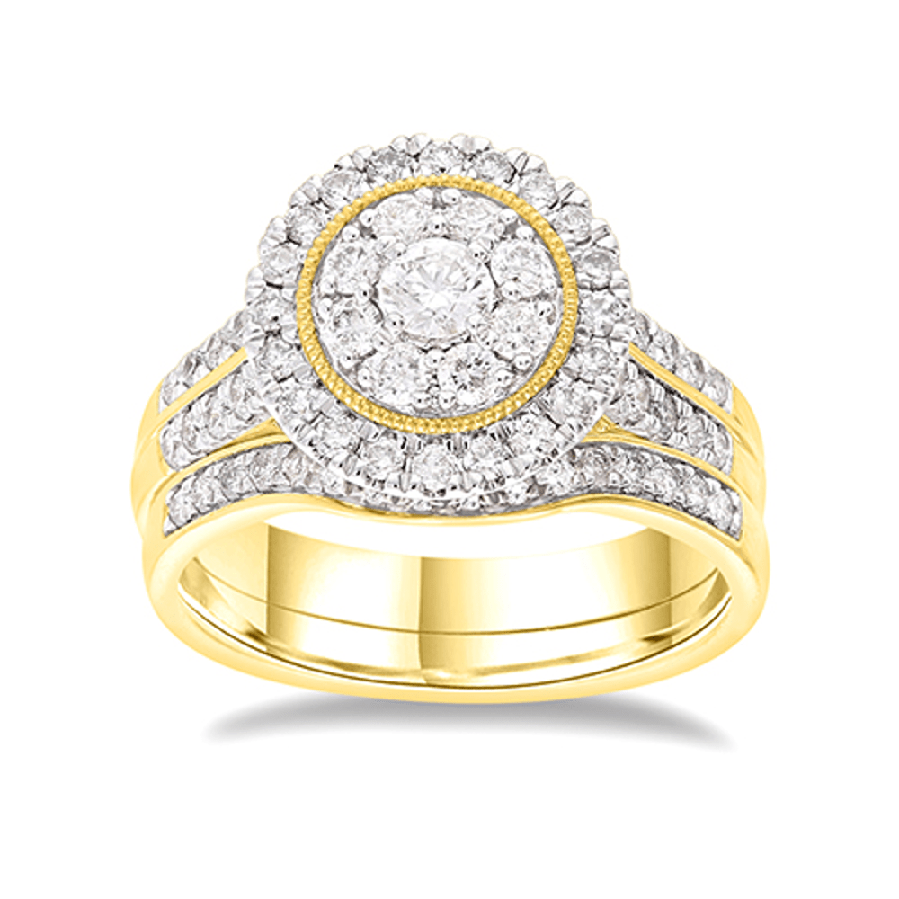 Halo Ring Set with 1.00ct of Diamonds in 9ct Yellow Gold Bevilles Jewellers 
