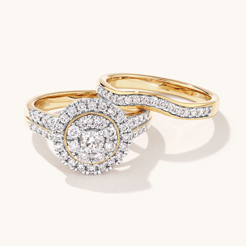 Composite Halo and Contour Ring Set with 1.00tw of Diamonds in 9kt Yellow Gold Rings Bevilles 