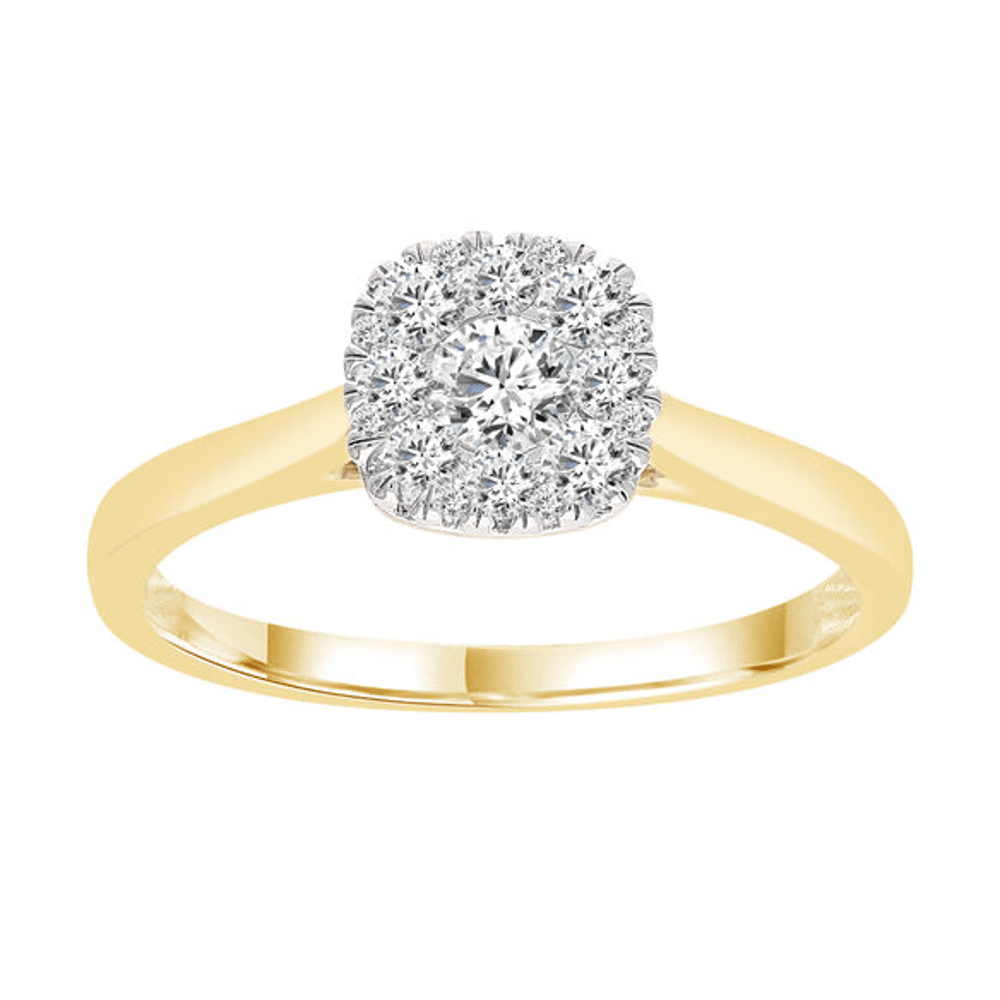 Cushion Shape Ring with 0.45ct of Diamonds in 9ct Yellow Gold Bevilles Jewellers 
