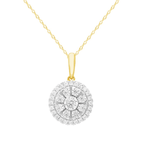 Halo Necklace with 1/2ct of Diamonds in 9ct Yellow Gold Bevilles Jewellers 