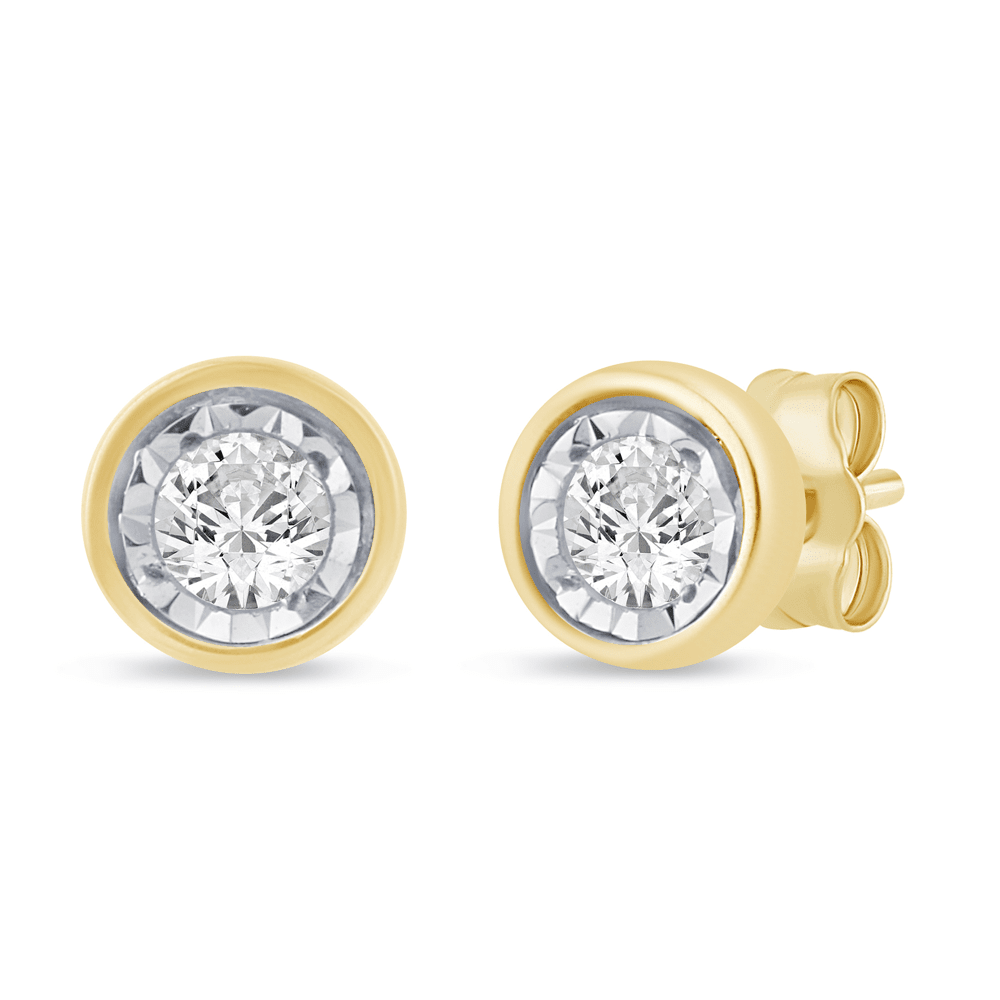 Soliatire Bezel Stud Earrings with 0.05ct of Diamonds in 9ct Yellow Gold Bevilles Jewellers 