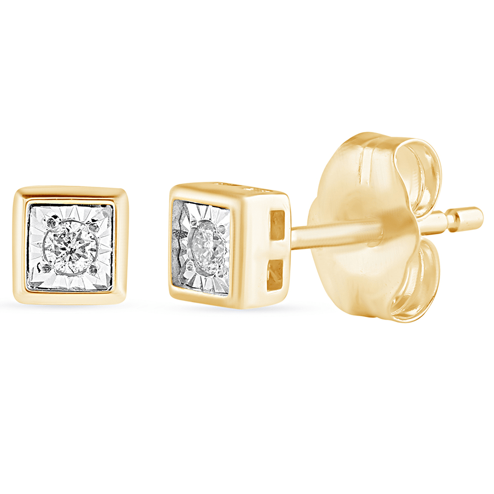 Diamond Set Cushion Shape Stud Earrings in 9kt Yellow Gold Earrings Bevilles 